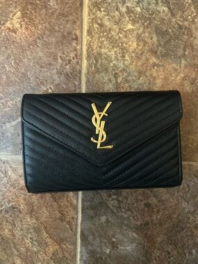 Saint Laurent Black Quilted Leather Wallet Clutch with Gold YSL Logo